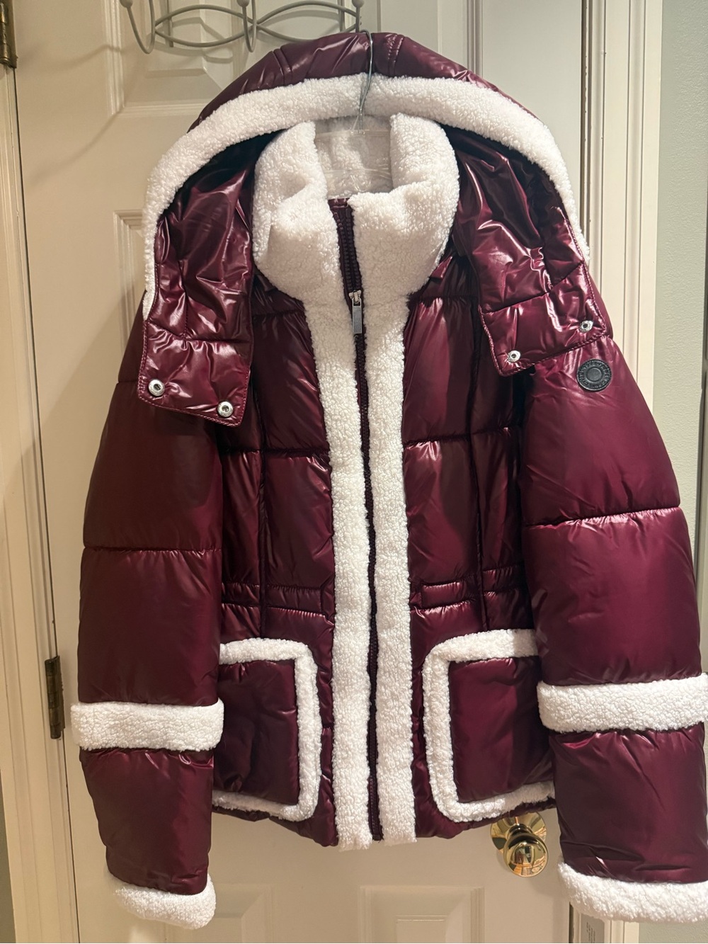 French Connection Burgundy Puffer Jacket with White Sherpa Trim